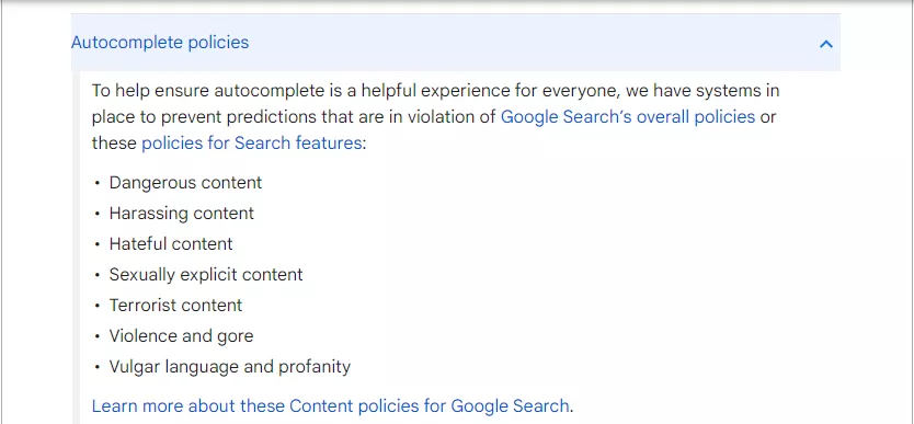 Google autocomplete policies