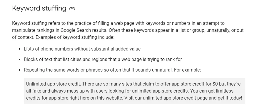 Keyword stuffing Google policies