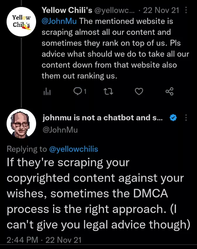 John Mueller tweet on DMCA