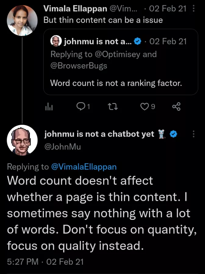 John Mueller tweets on thin content
