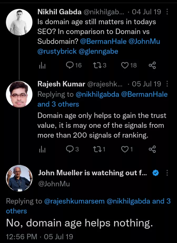 John Mueller on domain age
