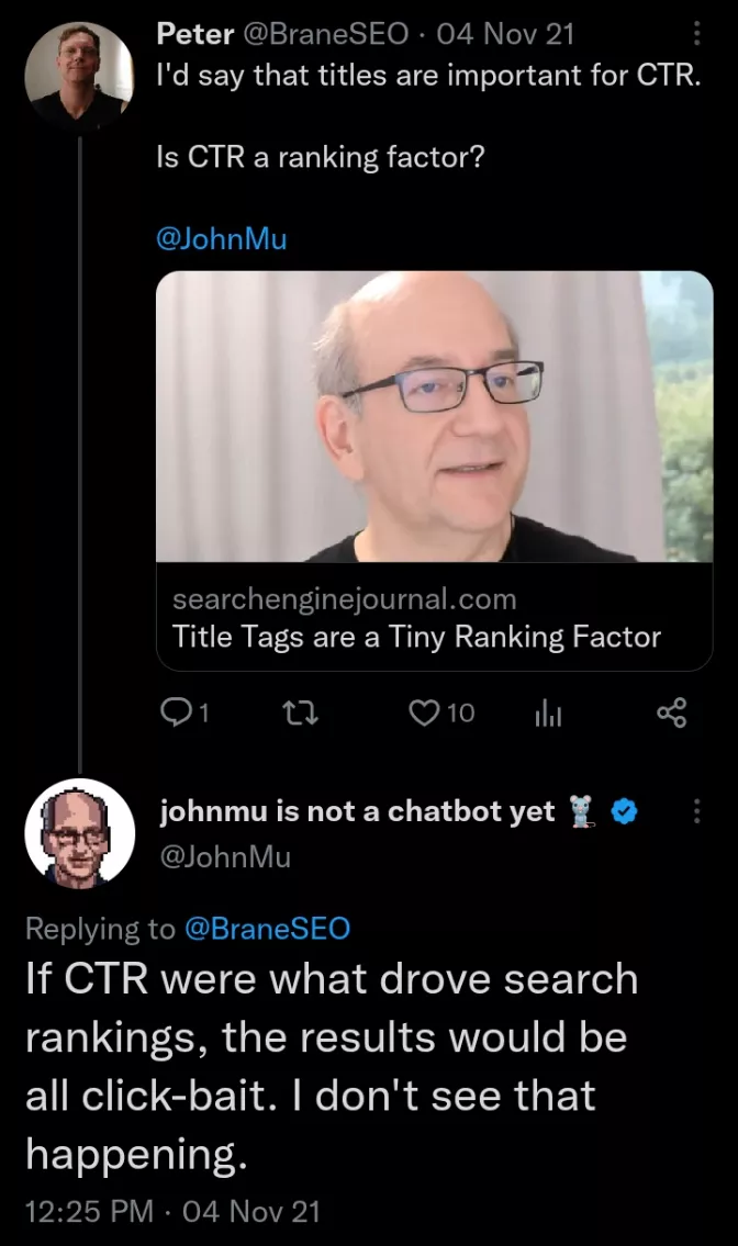 John Mueller tweet about CTR