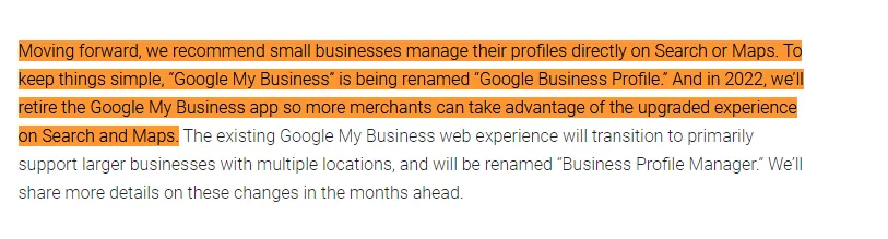 Google announcement on renaming Google My Business to Google Business Profile