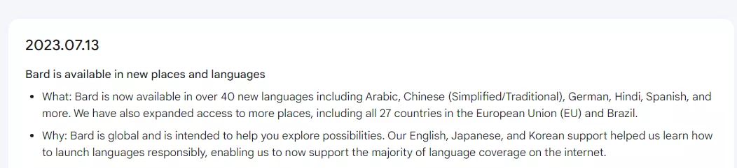 Bard update on its availability in new languages and locations