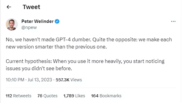 Welinder tweet on GPT-4 quality decline