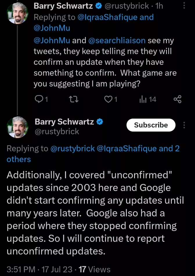  Barry Schwartz responded to a tweet about unconfirmed algorithmic update