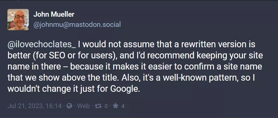 John Mueller on keeping site name in title