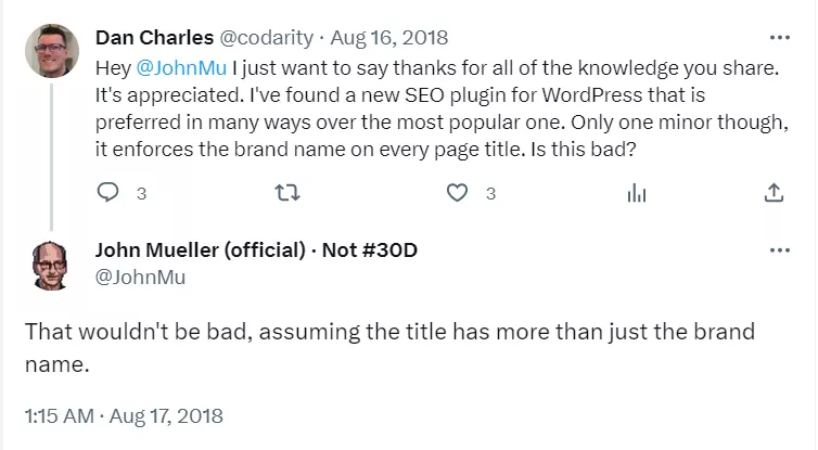 Muller tweet on putting company or brand names in titles