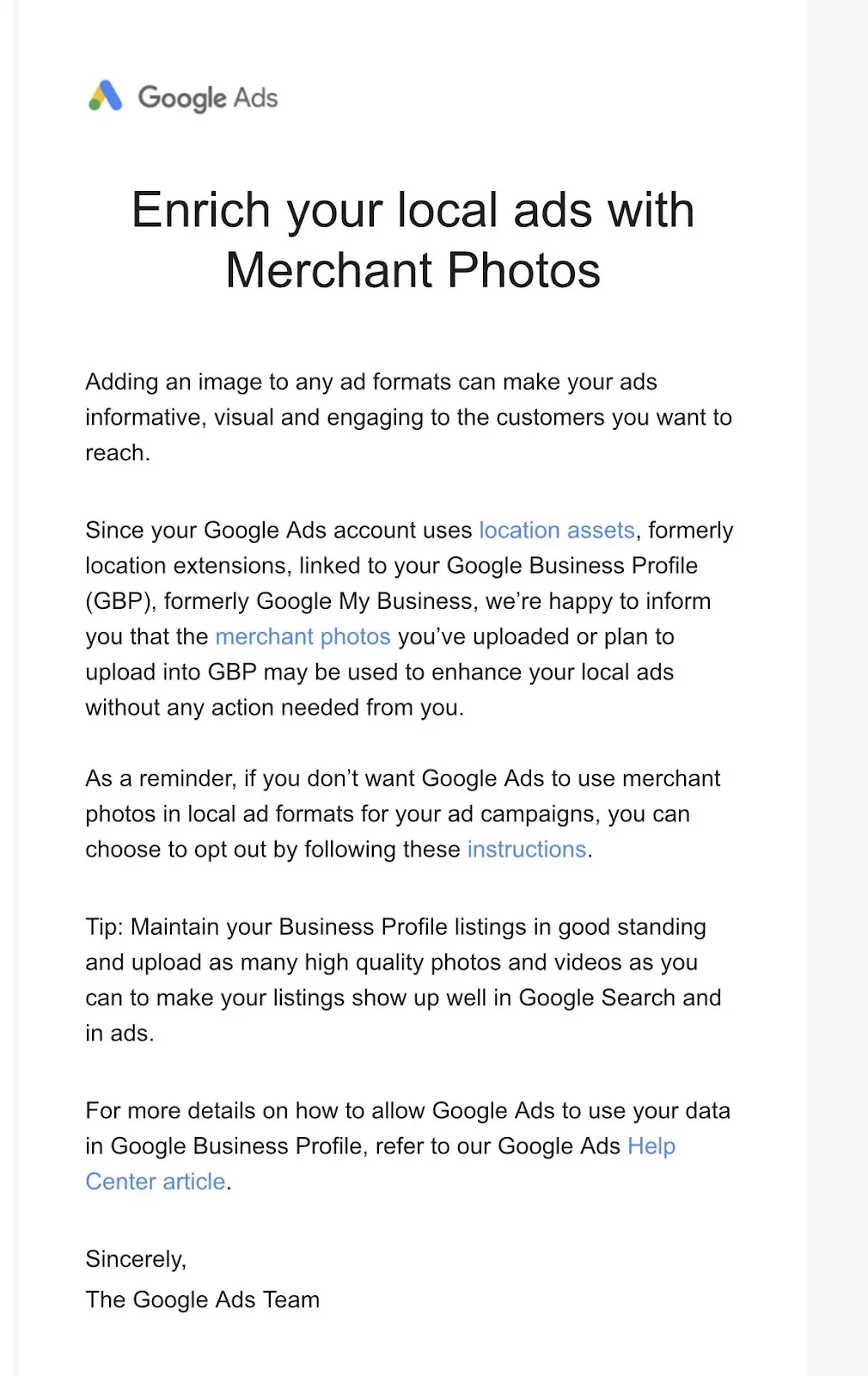 Google's email to Mike Blumenthal on new ad format