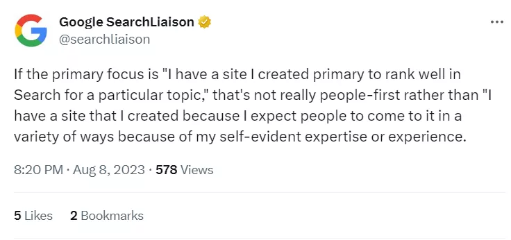 Google Search Liaison on Niche site ranking