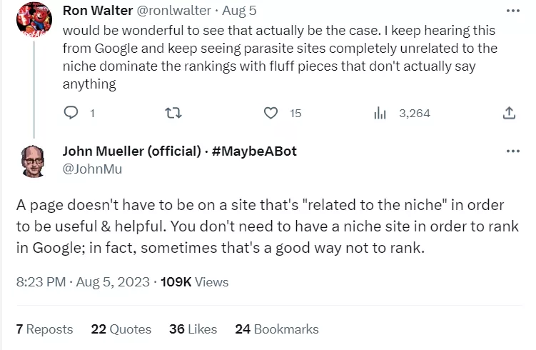 John Mueller tweet on niche site