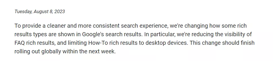 Google announcement on FAQ and How-To rich results