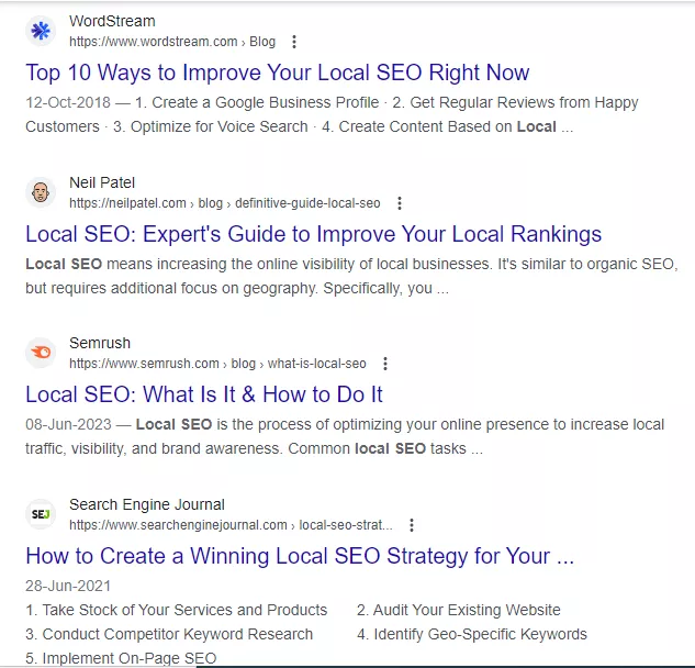Top search results for the keyword 'local SEO tips' - Content Optimization