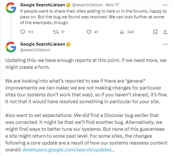 Google Search Liaison on recent traffic drops
