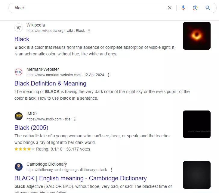 a typical SERP for query "black"