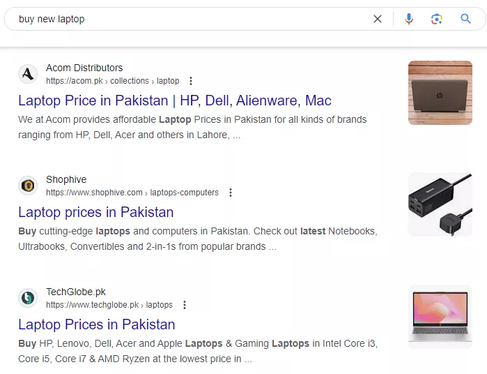 a typical SERP for query “buy new laptop”