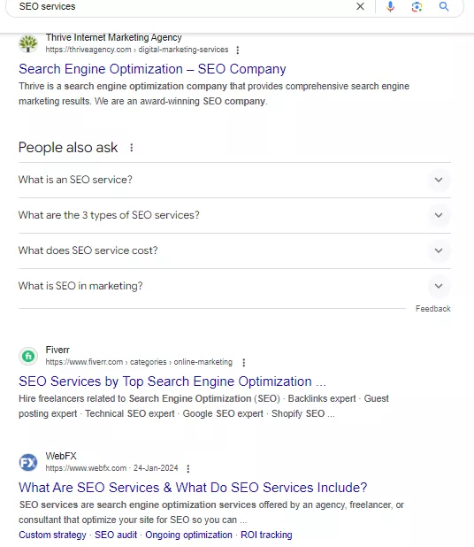 a typical SERP for query SEO services