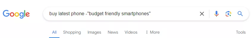 Search query with -“budget-friendly smartphones” to exclude this term