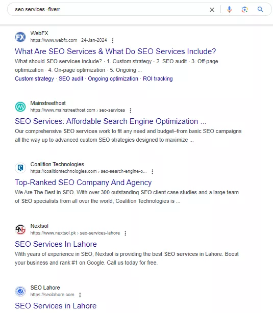 SERP after adding -fiverr to exclude words