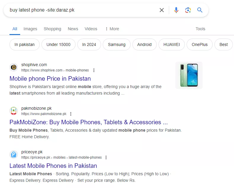 SERP after excluding the results for site "daraz.pk"