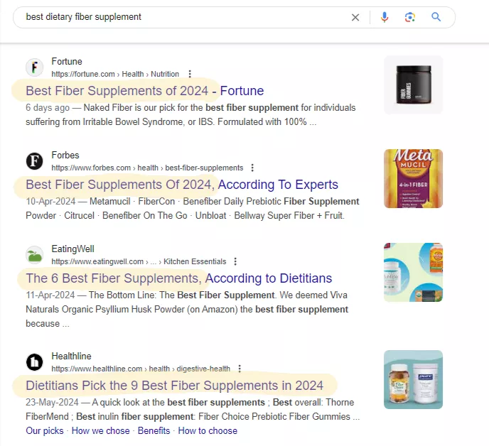 Websites ranking for best dietary fiber supplement on SERP