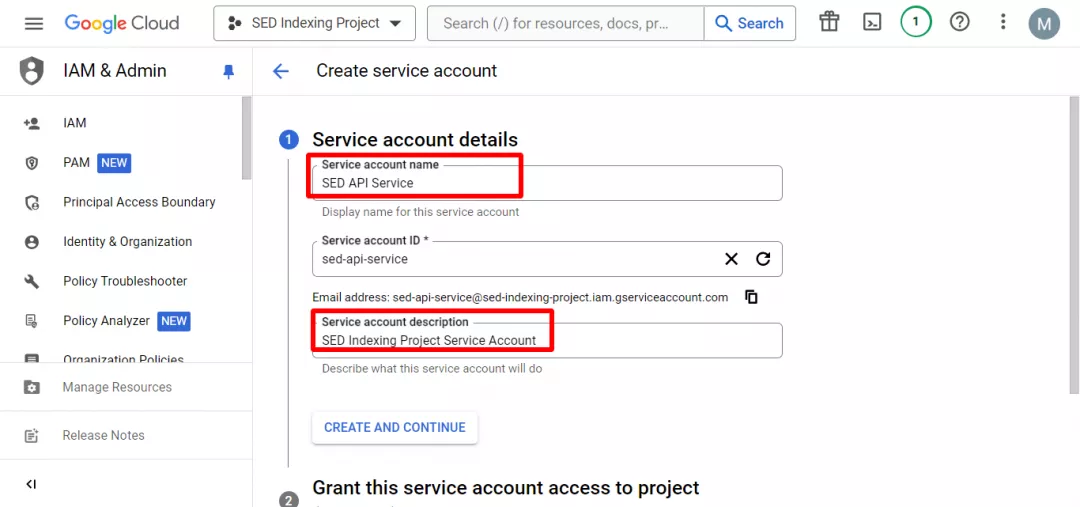 Add the service name and account description - Create a Service Account