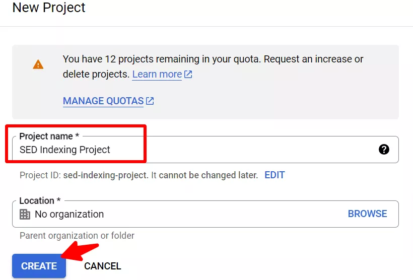 Name your project - Create an Indexing API Project