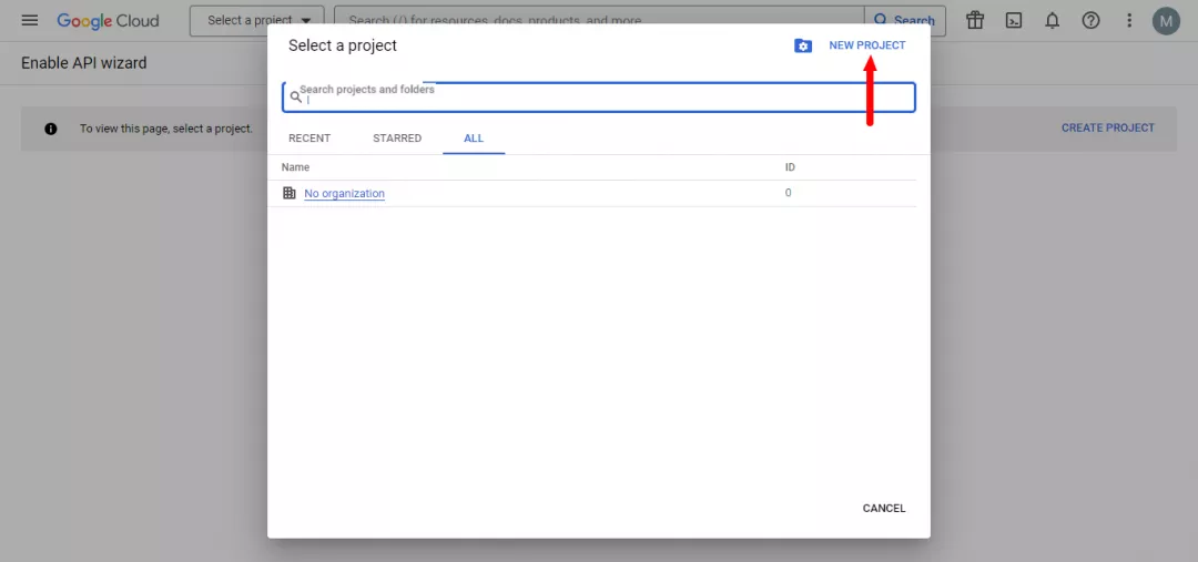 Select a project - Create an Indexing API Project