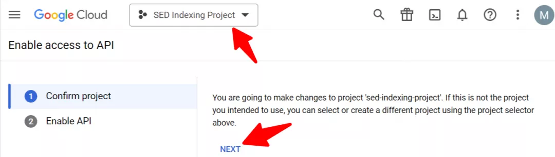 Select your preferred project - Create an Indexing API Project