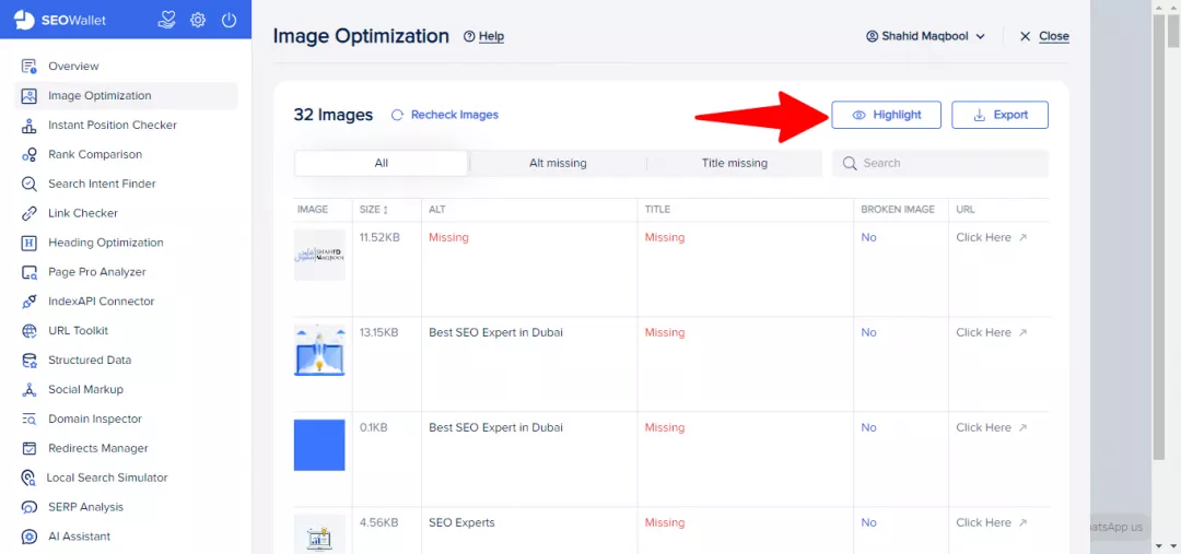 “Highlight” option in SEOWallet Image Optimization