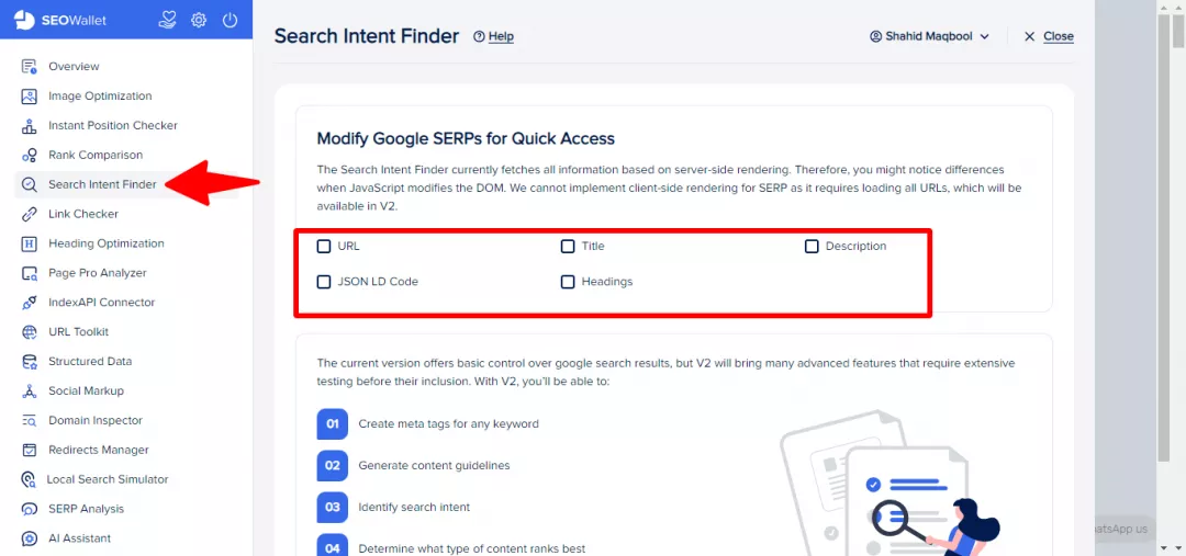 Search Intent Finder feature in SEOWallet