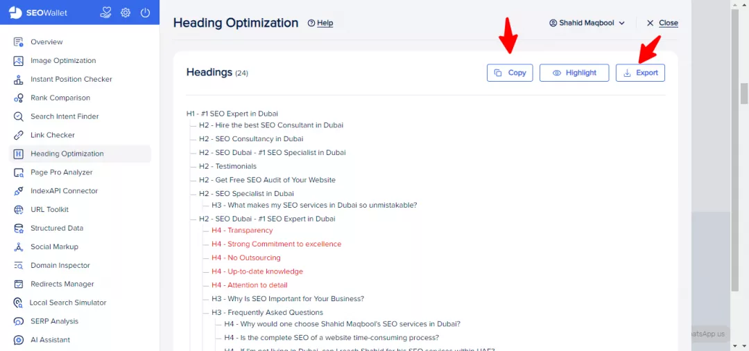 Copy and Export option in Heading Optimization