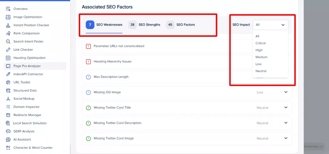 Associated SEO factors and sorting in Page Pro Analyzer