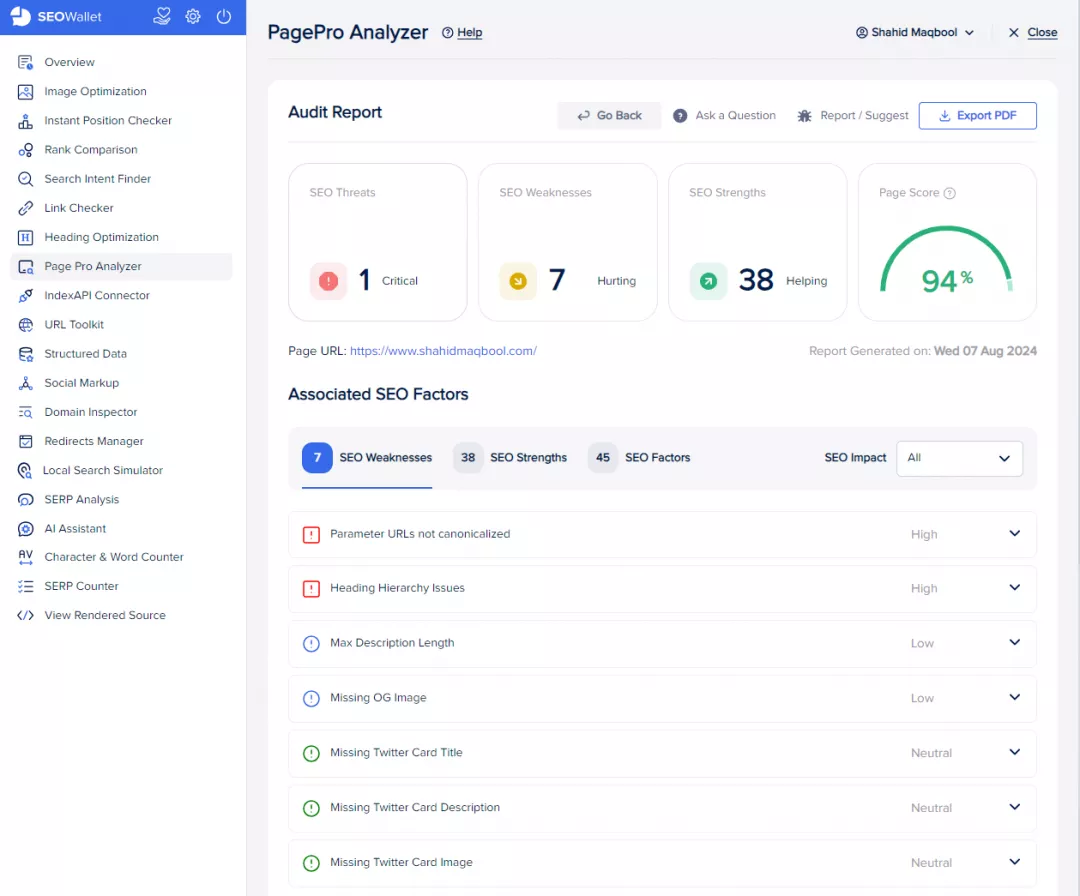 SEO audit report in Page Pro Analyzer
