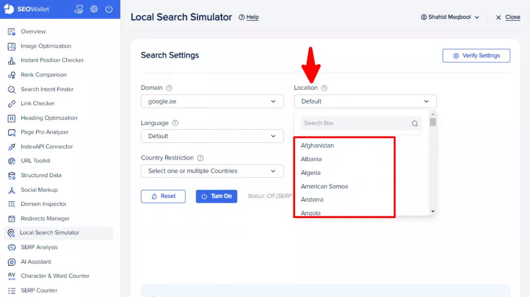 Location menu - Local Search Simulator