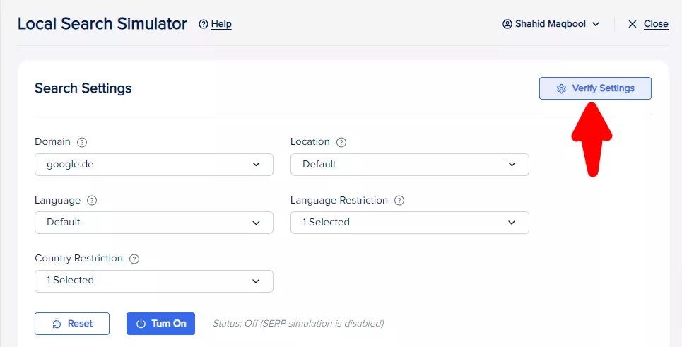 "Verify Settings" - Local Search Simulator
