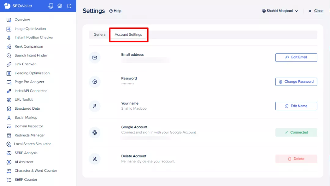 Account Settings and information in SEOWallet