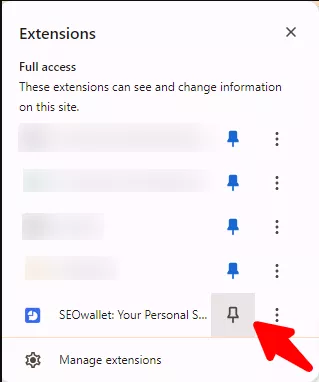 Pinning the SEOWallet extension