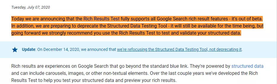 Google announcement on discontinuation of testing tool