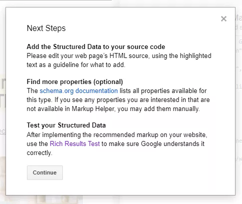 Next steps for schema markup code generation using Structured Data Markup Helper 