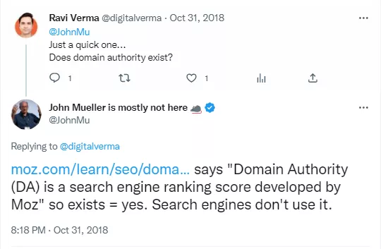 John Mueller on Domain Authority 