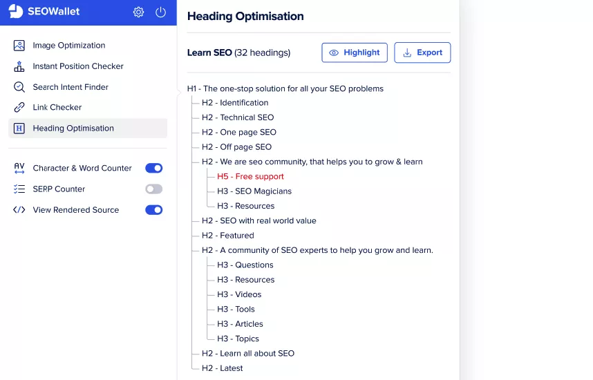 Heading Optimization using SEOwallet