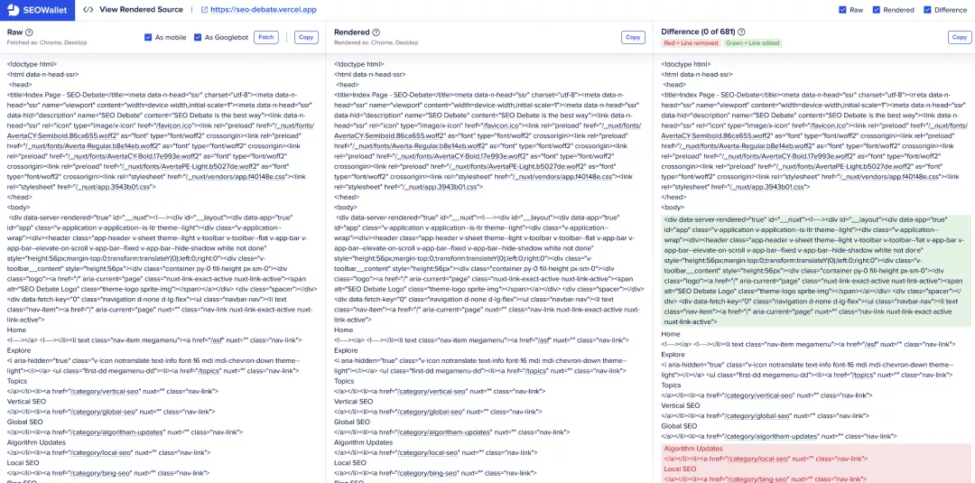 View Rendered Source feature by SEOwallet